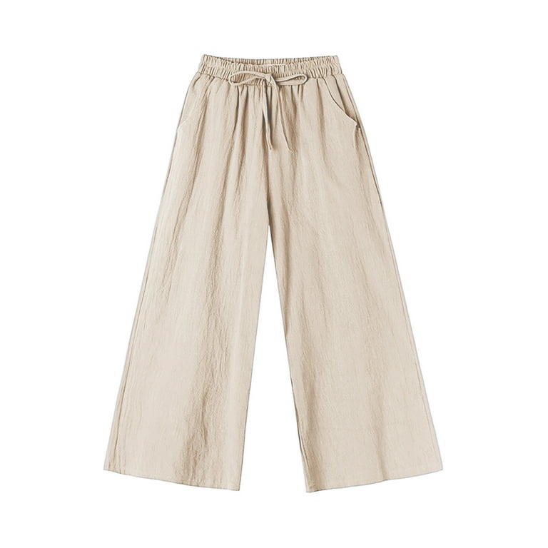 Womens Cotton Linen Summer Pants Elastic Waist Drawstring Wide Leg