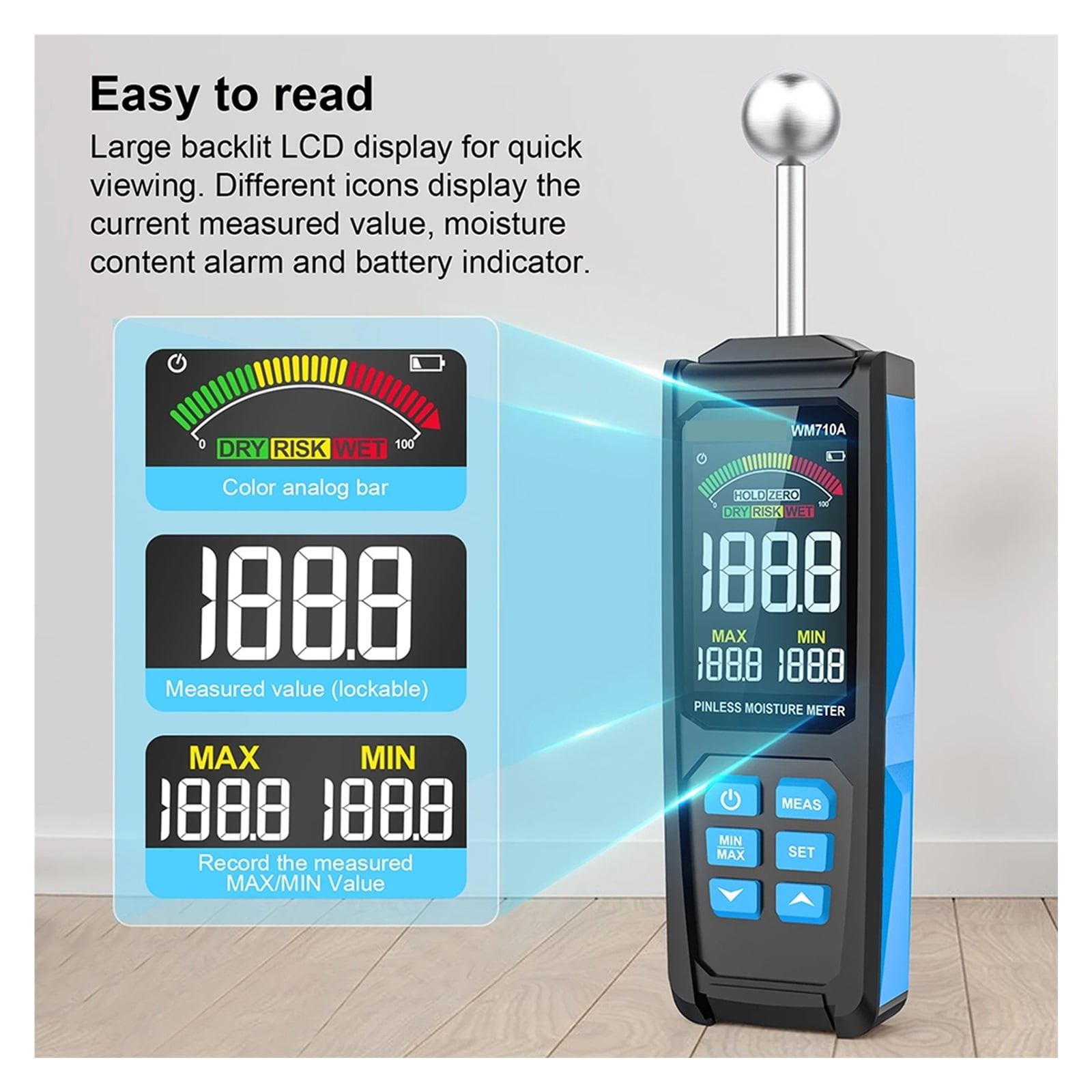 WM710A Digital Wood Moisture Meter Spherical Hygrometer Record Humidity Auto Timber Damp Detector