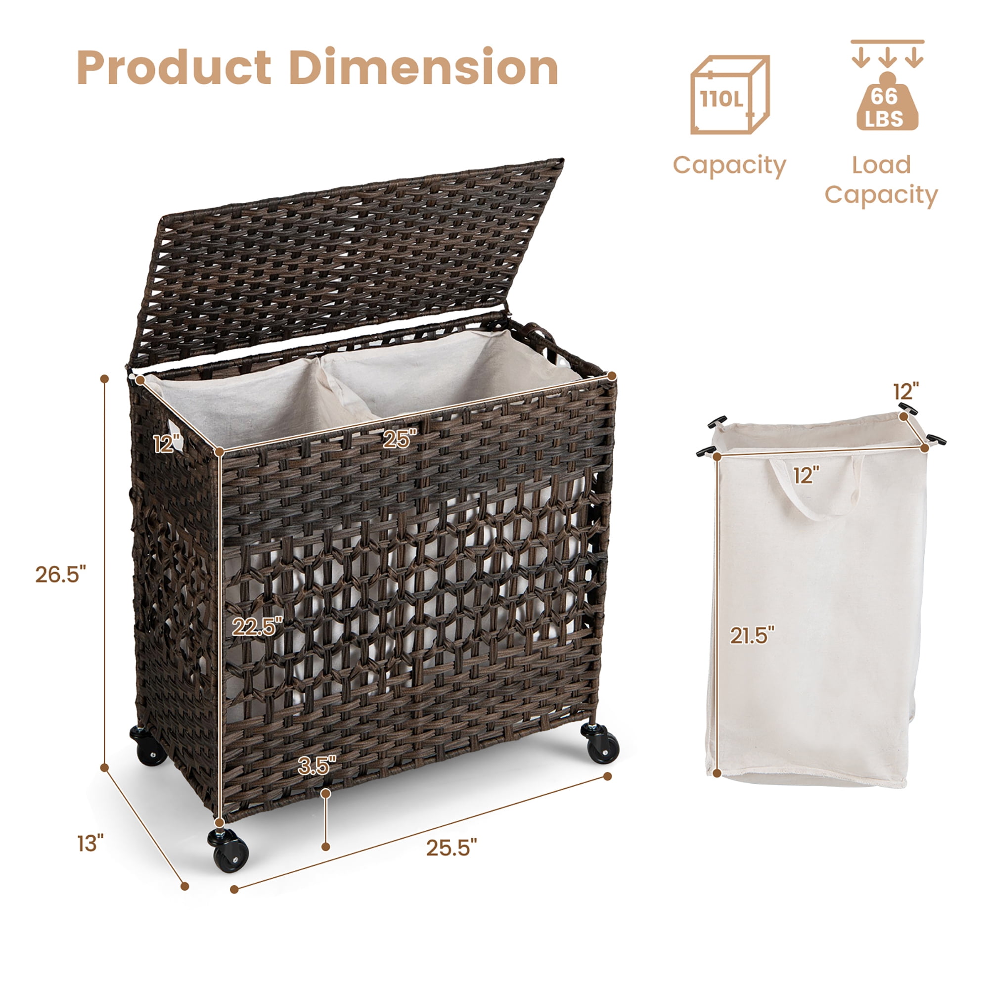 Costway 110L Laundry Hamper w/Wheels Clothes Basket w/Lid and Handle and 2 Liner Bags