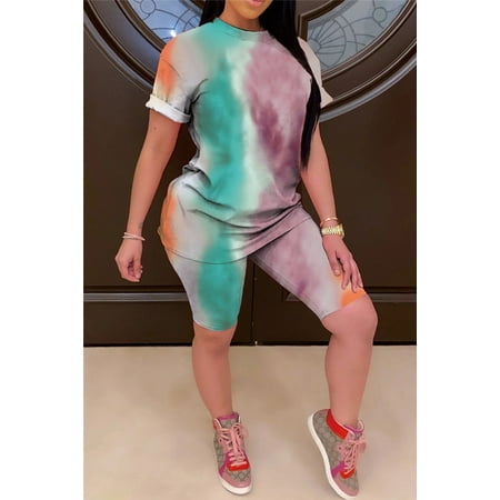 

Tyynsst Loose Set Clothes Gradient Print Tie-Dye Women s Home Frocks-Fruit Green|M