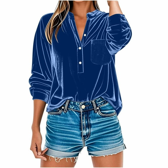 Long Sleeve Shirt Womens Shirts Trendy 2025 Women's V-Neck Long Sleeve Button Golden Velvet Tunic Half Open Buckle Blouse With Pocket My Order My Items
