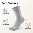 thumbnail image 3 of 5 Pairs Light Gray Men's Cotton Five Finger Crew Socks, Breathable Athletic Running Toe Socks One Size Fits Most US 6-14, 3 of 7
