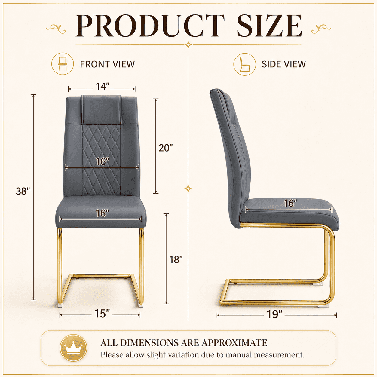 JUFU Set of 4 Gray Faux Leather Dining Chairs with Gold Legs, Modern High Back Armless Chairs for Kitchen or Dining Room