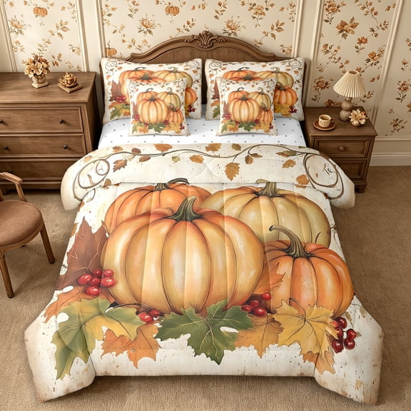 Erosebridal Pumpkin Vine 7-Piece Twin Bedding,Fall Harvest Bedding Comforter Set,Beige,Reversible