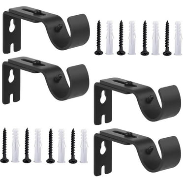 Qoosea  Curtain Rod Brackets Ajustable,  4 Pack Curtain Rod Holders,	 Curtain Rod Hooks for Walls, Drapery Rod Holders Hardware Window Curtain Rod Support Hanger for 1 Inch Rod (Black)