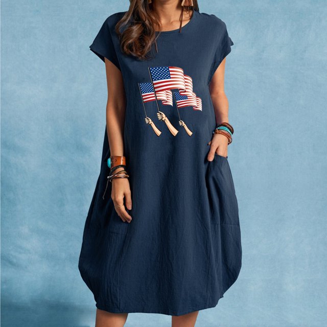 Puntoco Vestido Estampado De Dos Bolsillos Con Cuello Redondo Y Manga Corta De Color Liso Para Mujer Vestido De Cuello Redondo De Manga Corta Azul Marino Xxxl,Regalos Para Mujer Joven