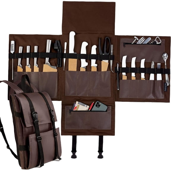 Leather Knife Case - 13 Slots, 2 Zipped Pockets for Kitchen Utensils