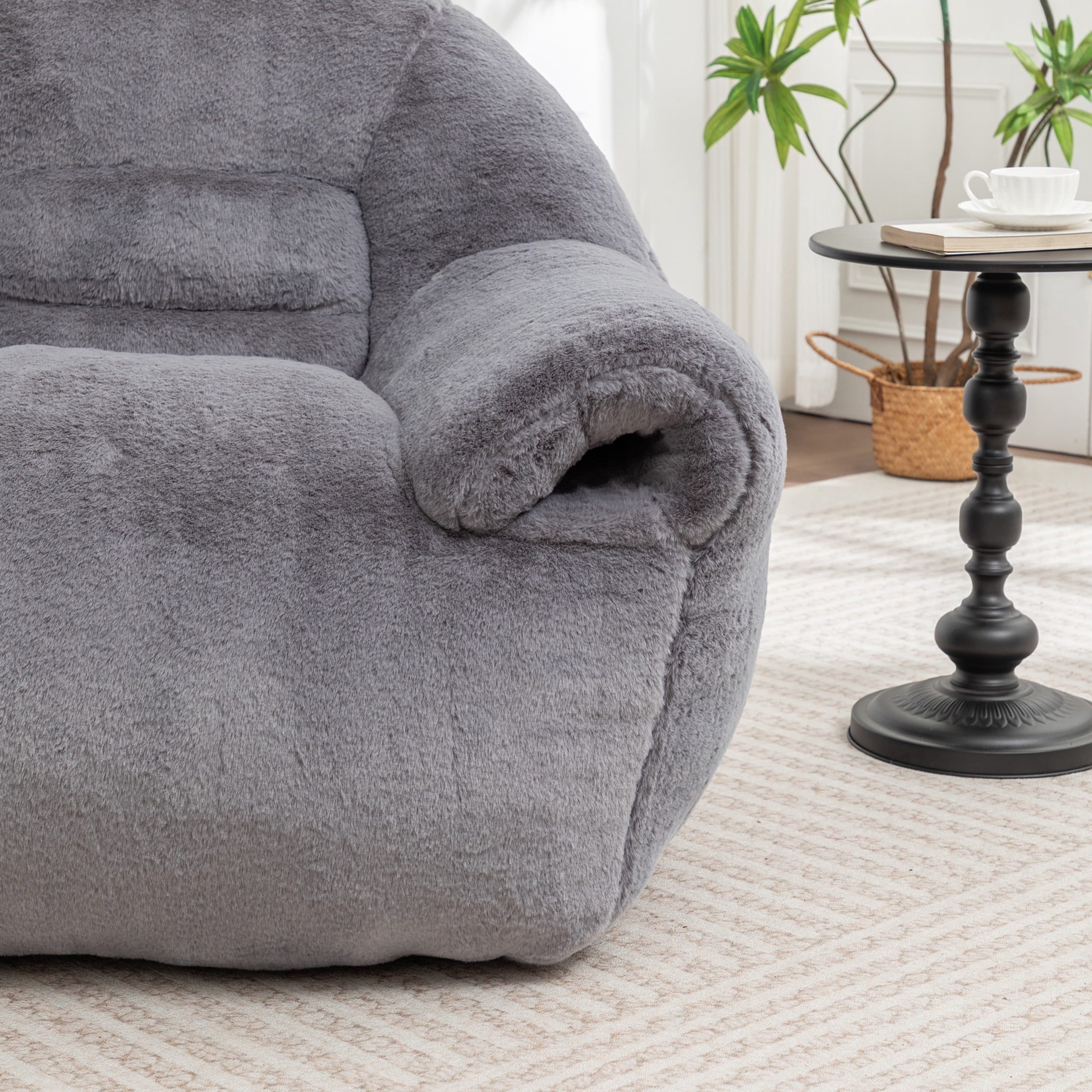 Noble House Elijah Faux Fur Bean Bag Chair with Ottoman Set, Comfy Stuffed Floor Lounge Sofa with Back Support, Dark Gray