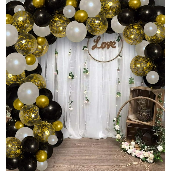 Famzigo DIY Arch Balloon Garland Kit - Gold Black & White - Durable Boho Balloon Decoration - Beautiful Wedding, Quincenera, Birthday Arch - Easy Assembly - Photo Backdrop - Balloon Pump - Confetti