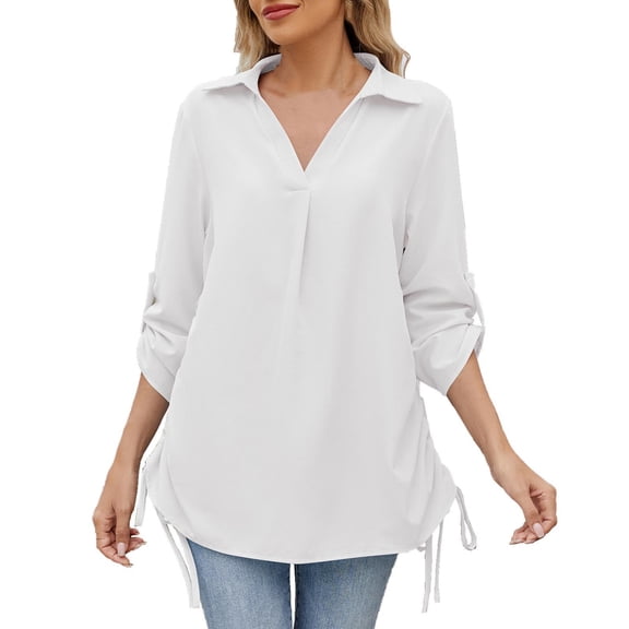 biudgviw Women's Shirts for Beach Vacation Drawstring Swimsuit Cover up Oversized Casual Roll up Long Sleeve V Neck Going Out Tops