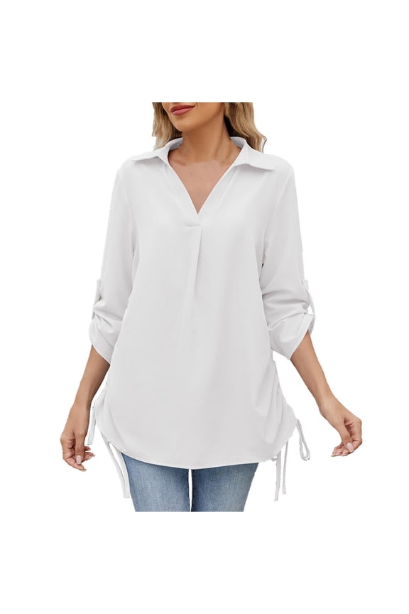 Business Casual Tops for Women Lapel V Neck Long Sleeve Side Drawstring Tunic Tops Work Blouse Shirt(Small,White)