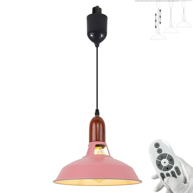 FSLiving Adjustable Height J Type Track Lighting Macaron Pink Shade Burly Wood Lamp Vintage Stytle, Smart Edison Bulbs, 2200K-6500K Track Mount Pendant Light Decorate for Dinning Table Top 4 Ft
