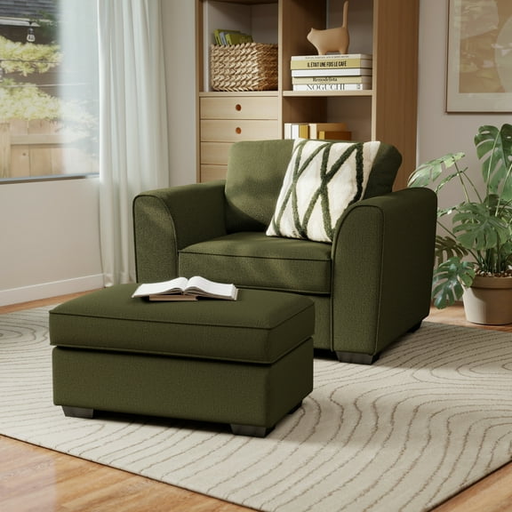 Roundhill Furniture Marvella 2-Piece Living Room Set, Arm Chair and Ottoman with Mosswood Chenille Upholstery