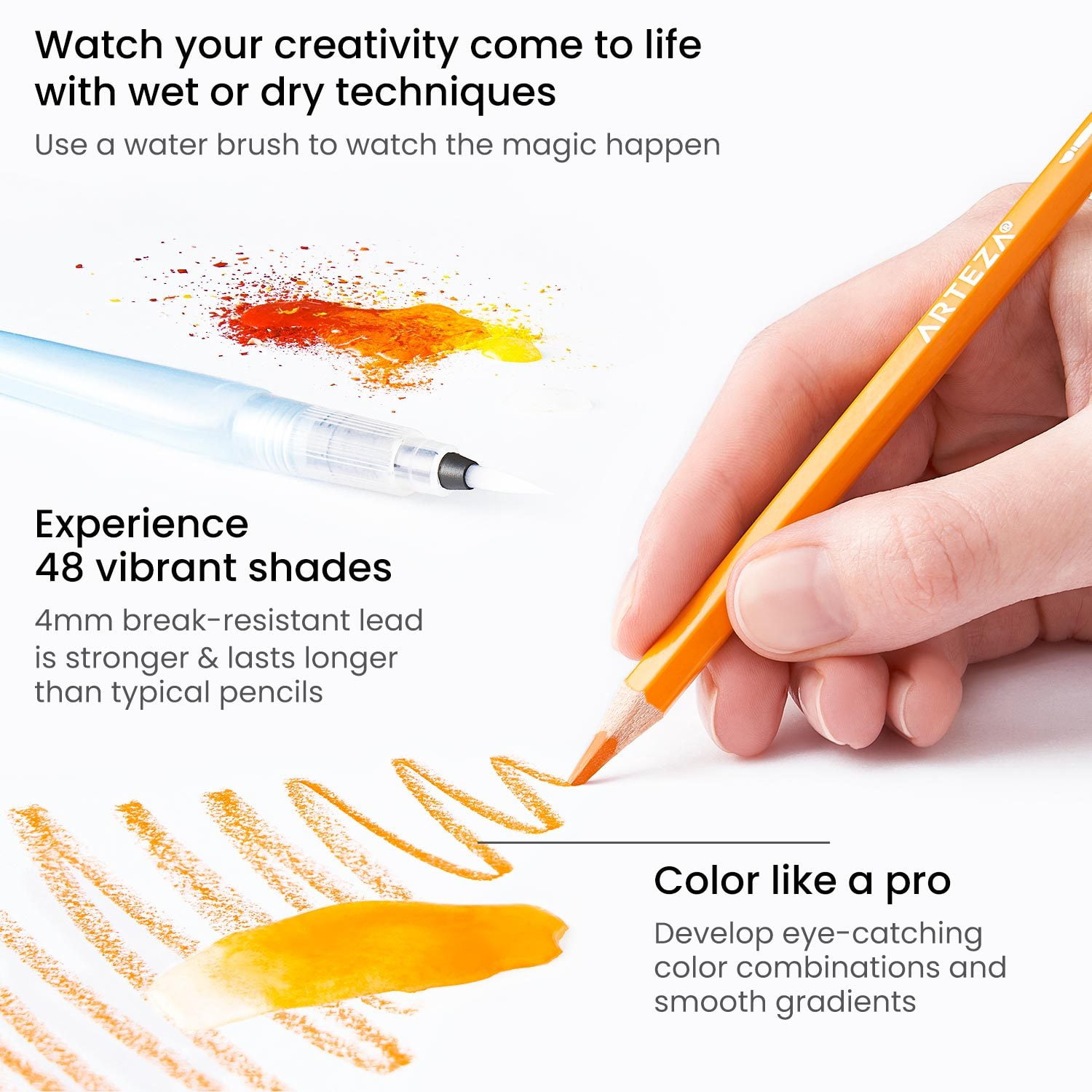 Arteza Professional Watercolor Pencils, 48 Count, Assorted Colors