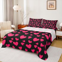 Feelyou Romantic Love Heart Queen Sheet Sets for Child, Kawaii Cartoon Black Red Flat Sheet, Dreamy Princess Style Queen Fitted Sheet, Ultra Soft Bedroom Decor, 4-Piece