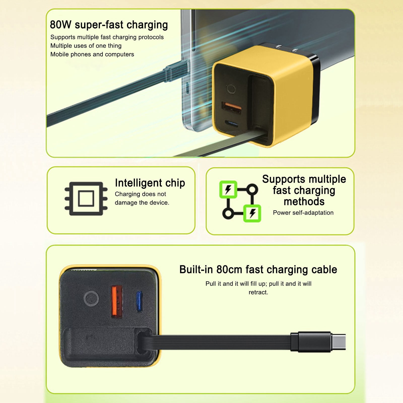JoyHoop 80W Retractable Wall Charger with Built-in USB-C Cable, 3-in-1 Fast Charging for Laptops and Phones, Yellow