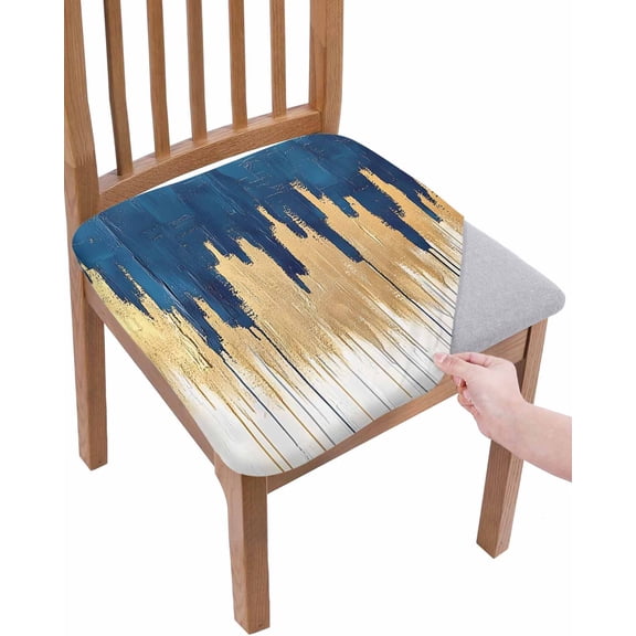 Blue Gold Chair Seat Covers for Dining Room Stretch Chair Seat Covers Set of 2, Modern Street Art Splatter Foil Painting Chair Seat Protector Cushion Slipcovers for Kitchen Restaurant Office