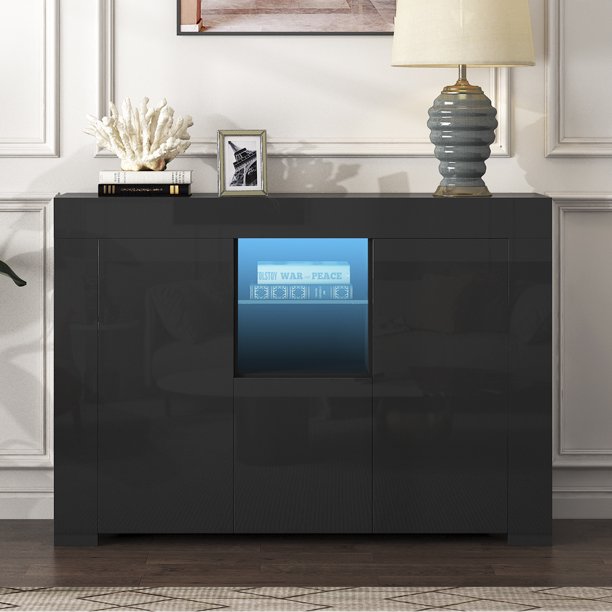 Black Buffet Table, Modern Storage Console Table, High Gloss Console Table with 16 Colors LED