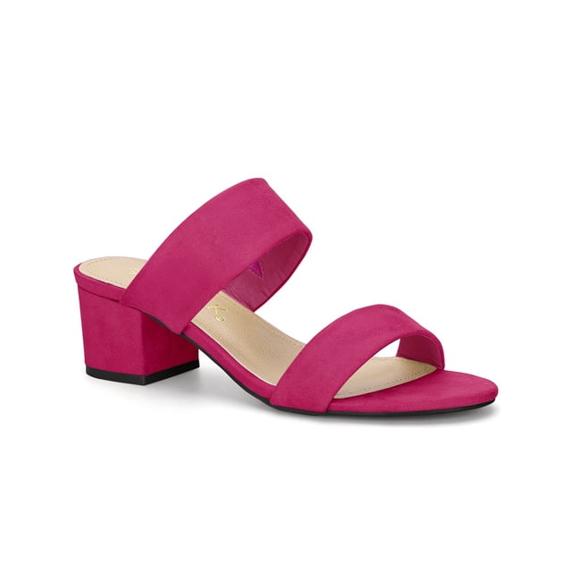 Women's Dual Straps Mid Chunky Heel Slide Sandals Hot Pink 7