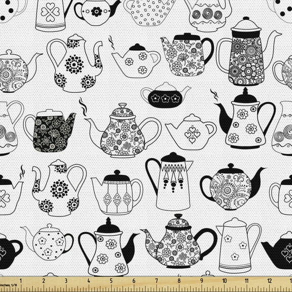 Ambesonne Tea Party Fabric by the Yard Upholstery, Timeless Teapots, 10 Yards, Black White