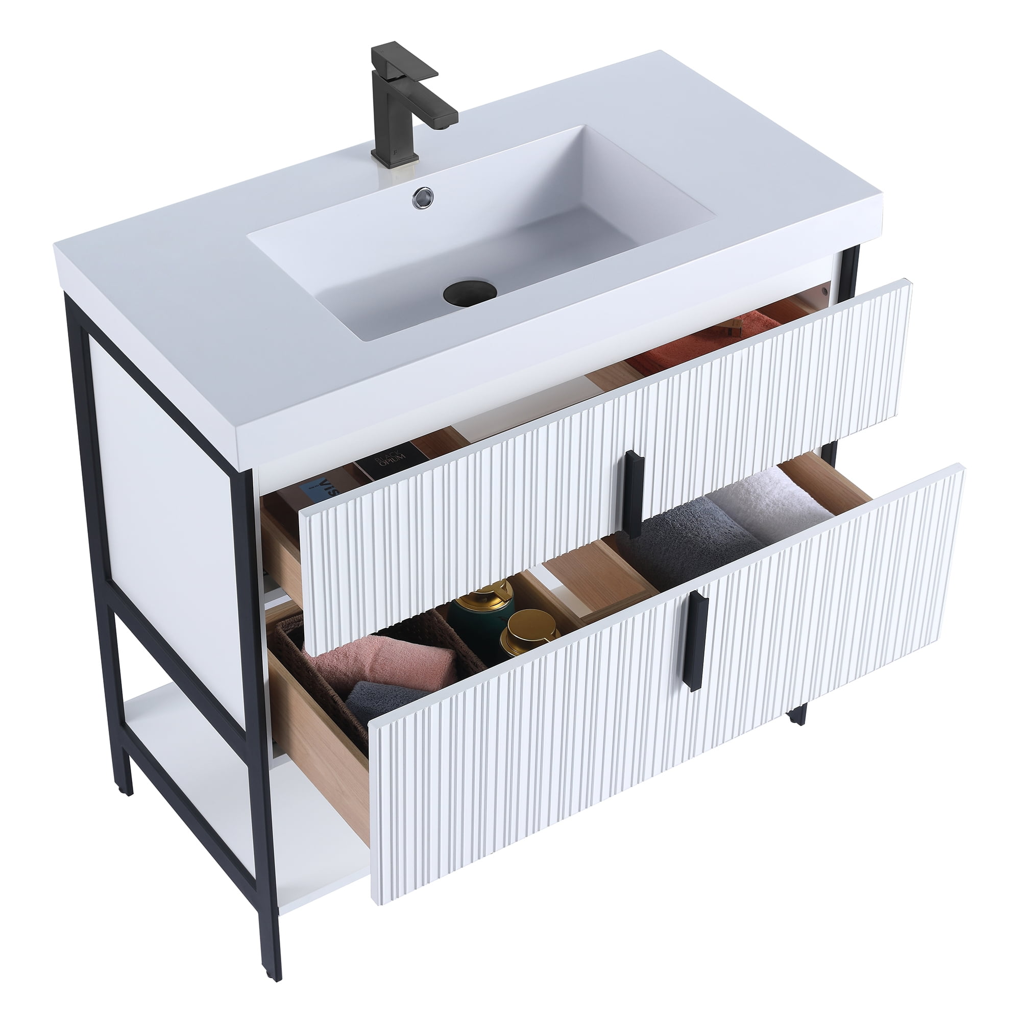 Fine Fixtures Serenity 36 in. W x 18 in. D x 33.5 in. H Bathroom Vanity in White Matte with White Gel Coated Thick Edge Top with Black Hardware