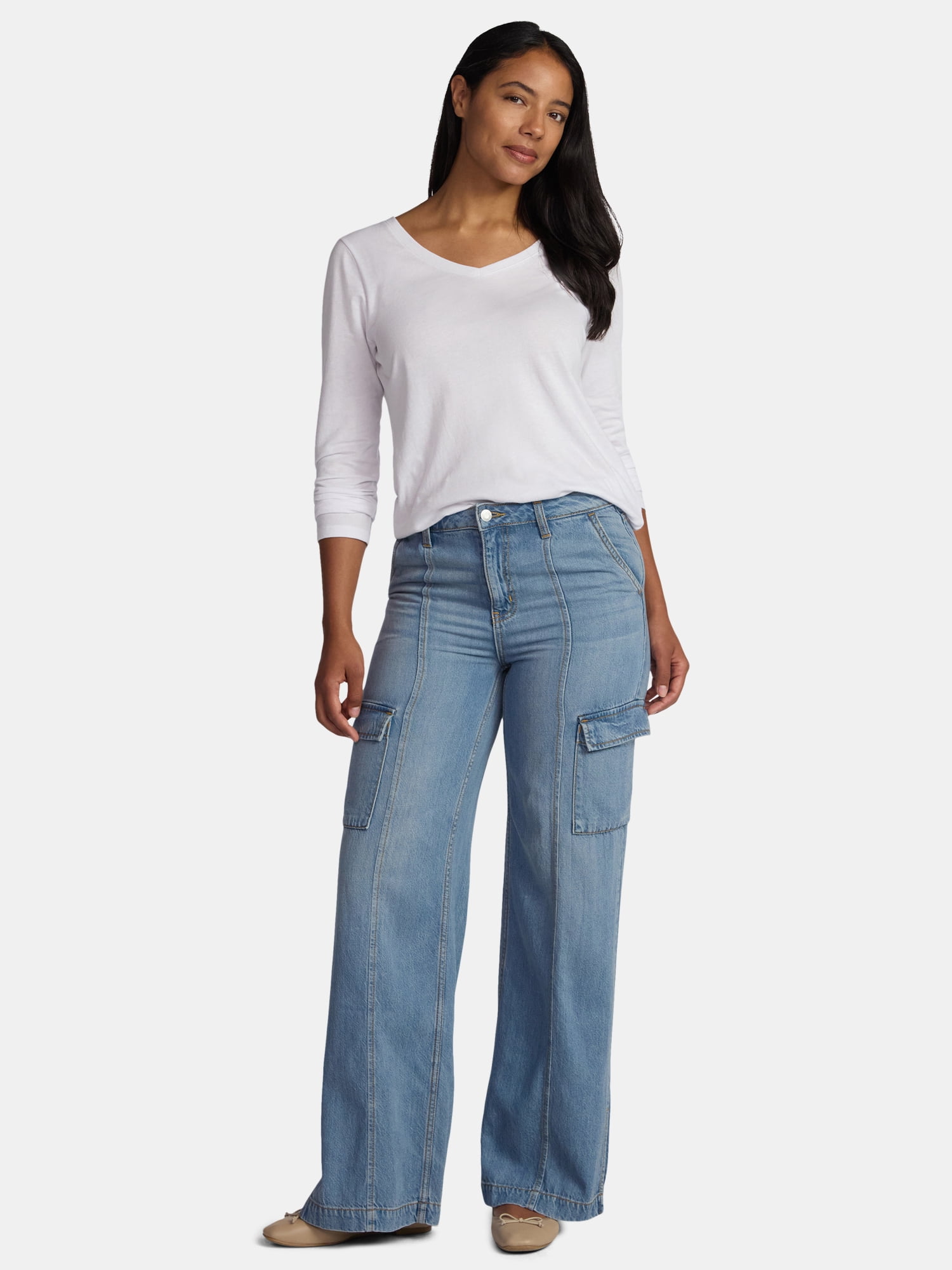 Time and Tru Women's Wide Leg Cargo Jeans, 31" Inseam, Sizes 0-20