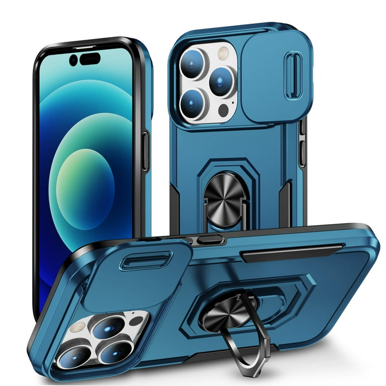 for iPhone 14 Pro Max Hard Case, with Camera Cover & Kickstand Holder,  Built-in 360°Rotate Ring Stand Anti-scratch Drop Protection Magnetic Phone  Case for Apple iPhone 14 Pro Max - Blue 