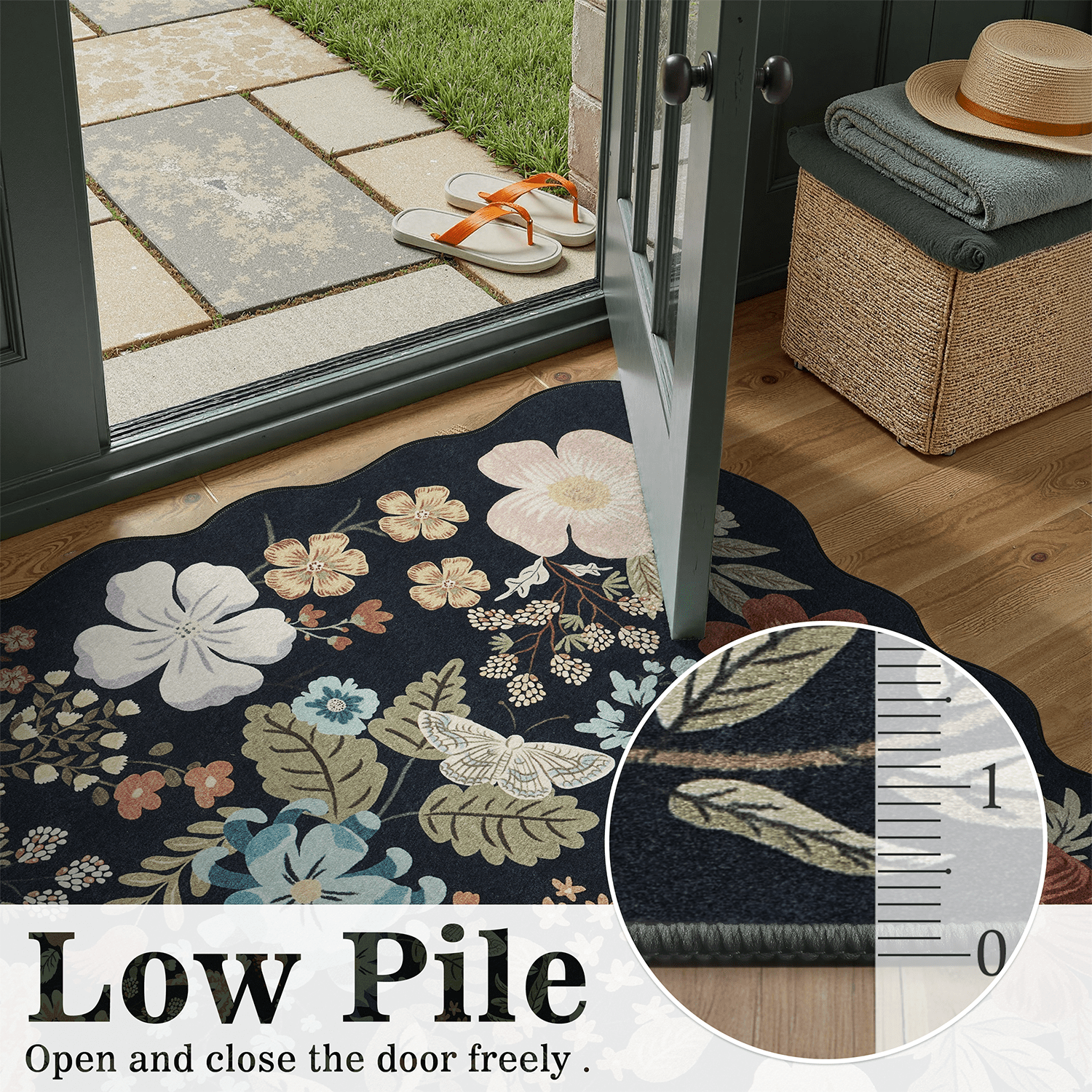 2x6 Runner Rug, Washable, Non-Slip, Stain-Resistant Low-Pile Vintage Floral Scalloped Rug for Kitchen, Entryway, Passage, -Black