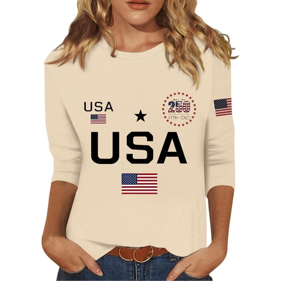 4th of July Shirts for Women Plus Size 3/4 Sleeve T-Shirts Loose Red White and Blue Print Tops USA 250th Anniversary Celebration Party Pullover Independence Day Patriotic Crew Neck Blouses Beige XL