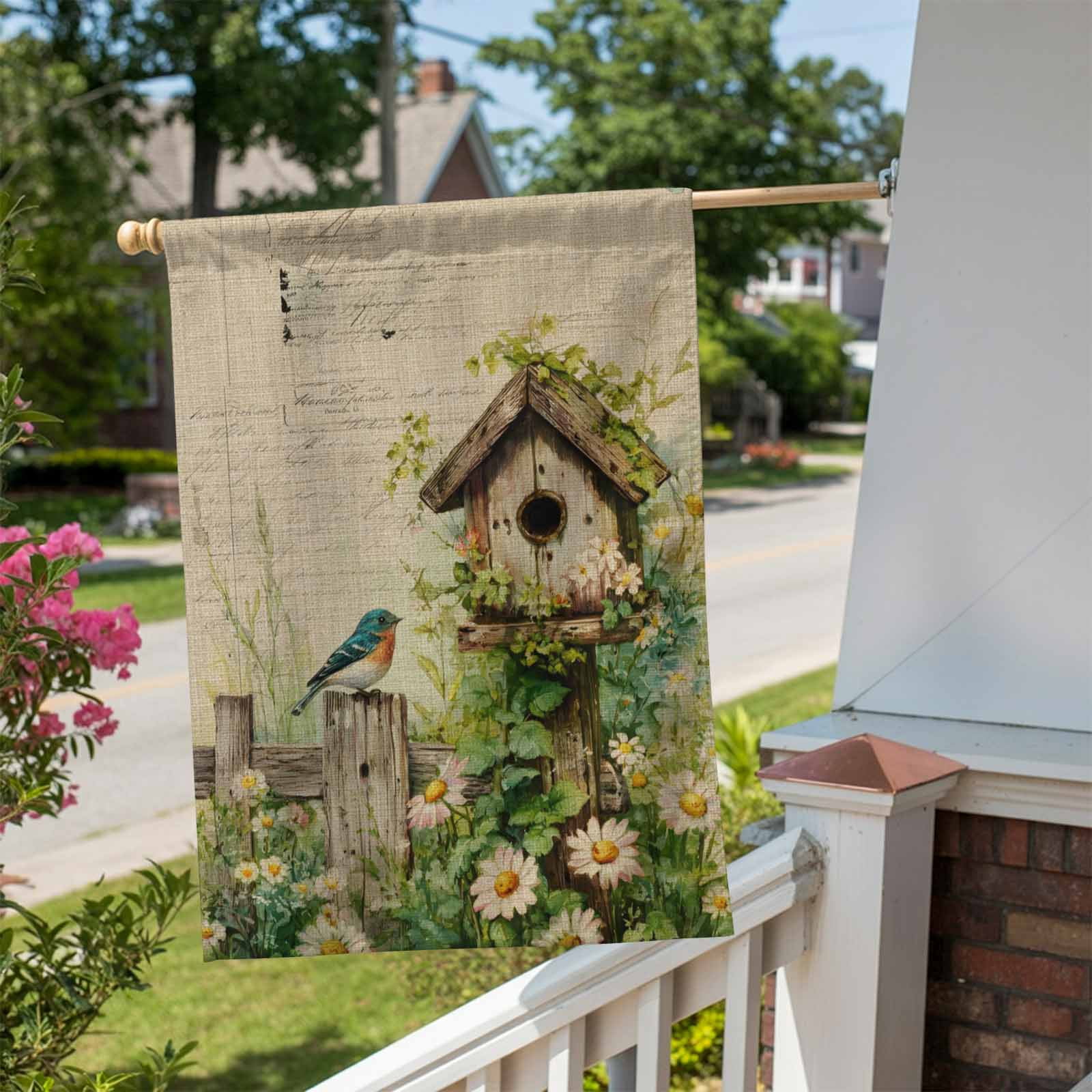 Spring Florals House Flag 28 x 40 Inches, Vintage Bird House Fence White Daisy Leaf Linen Texture Weather Proof Outdoor Patio Flags Double Sided Small House Decoration for Yard Lawn Outside Home