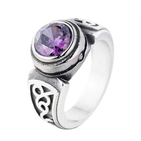 HIJONES Men's Stainless Steel Vintage Round Gemstone Siget Ring Classic Engraved Weave Twisted Titanium Finger Jewelry Silver Purple Stone Size 11