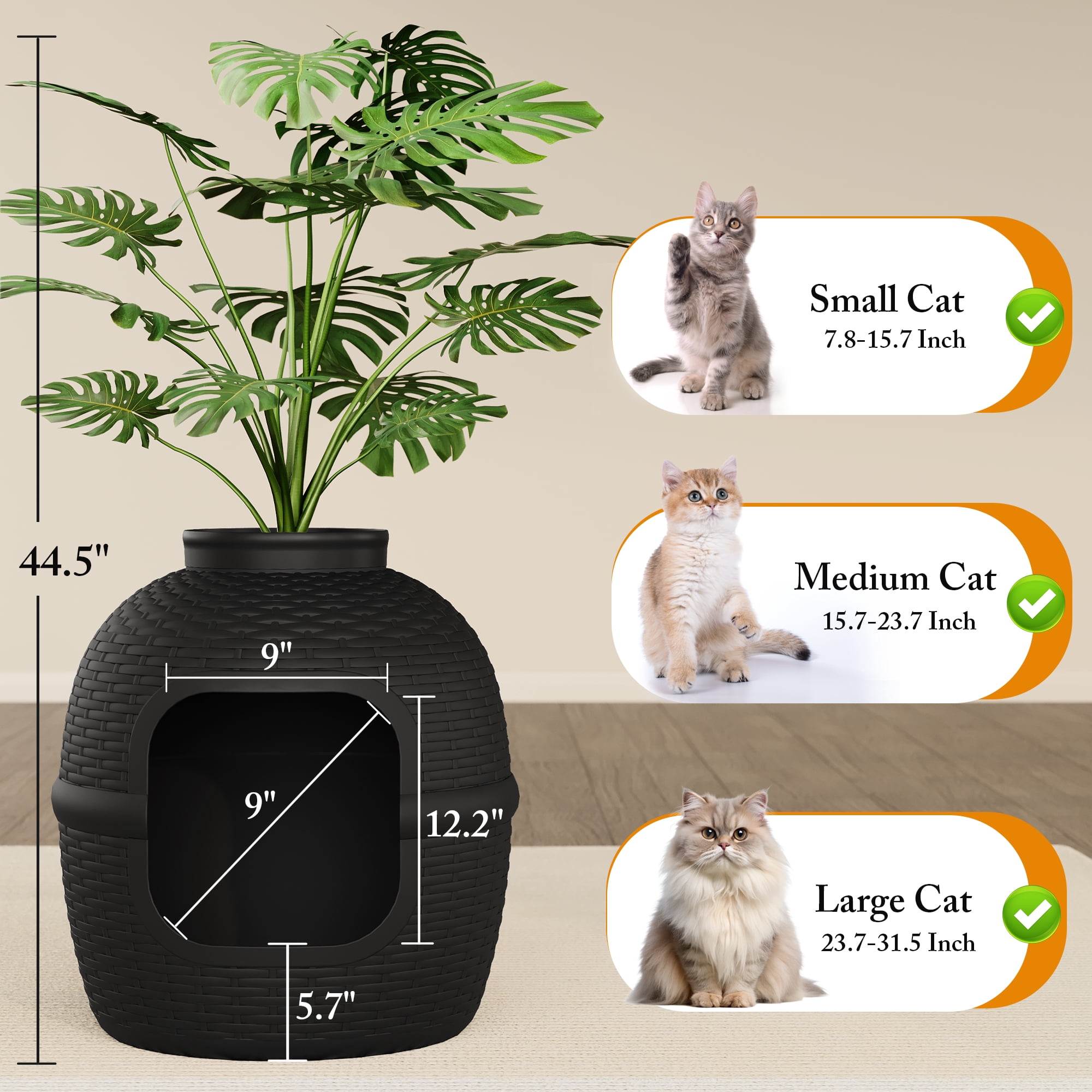 CozyHom Cat Litter Box Furniture Artificial Plant Hidden Calley, Ventilated Waterproof And Odor Resistant, Carbon Filter And 3.3lbs Real Stone Block For Large Cats, Black