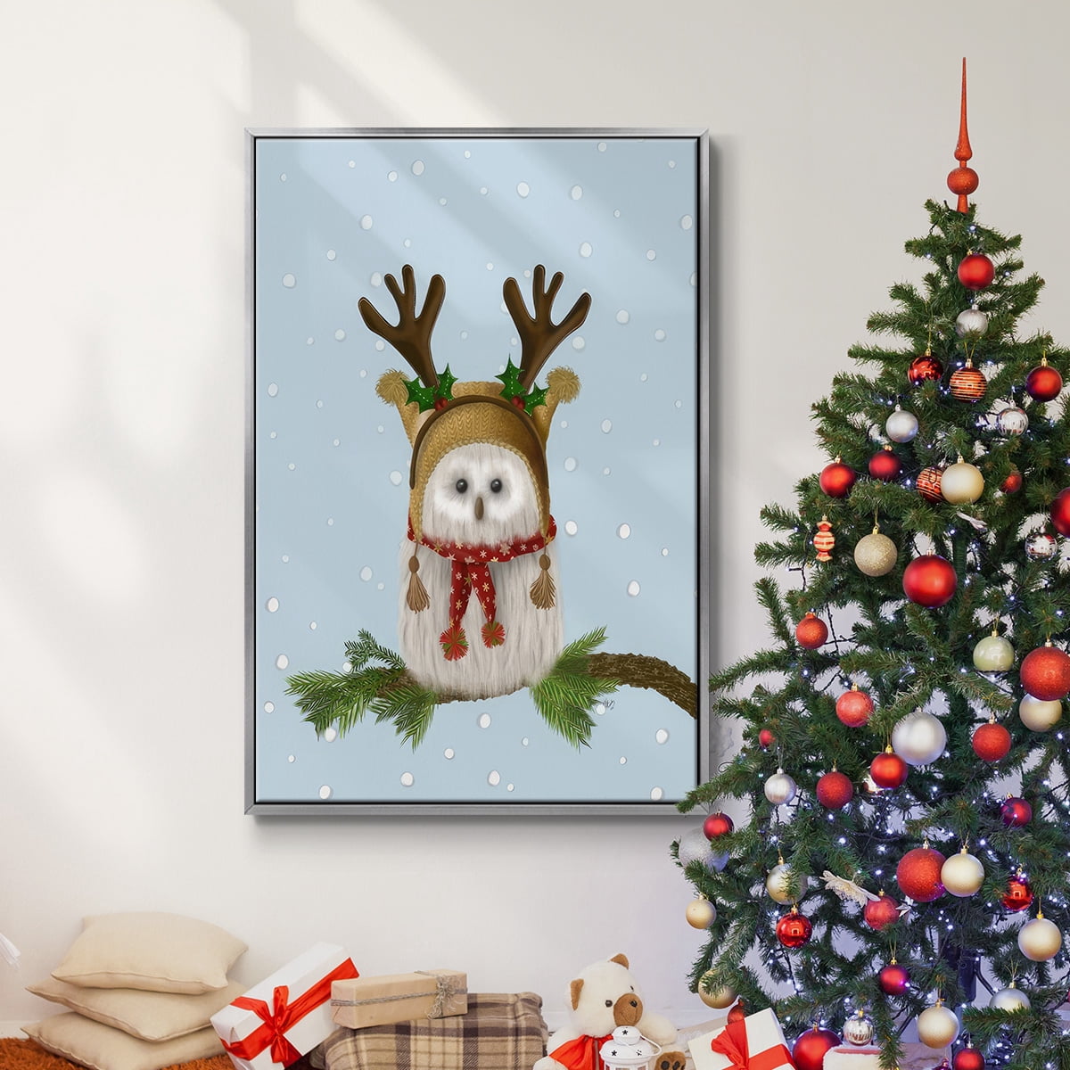 Christmas Fluffy Owl and Antlers - Framed Gallery Wrapped Holiday Canvas - 25 x 37 - Silver Frame