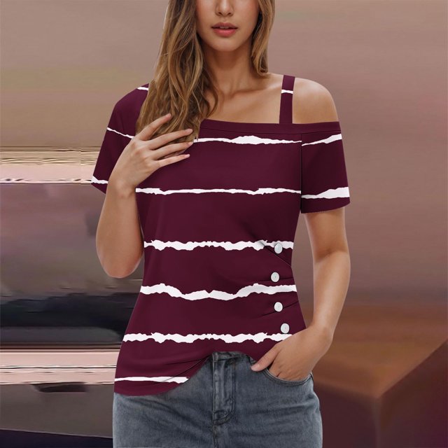 Hot6sl Économies d'Été Liquidation Blouses & Chemises à Manches Courtes Col Rond, Blouse à Manches Courtes Imprimée pour Femmes, Blousevin, S