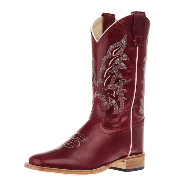 Old West Boys   Deep  Square Toe Leather Sole Boot 6 M Red