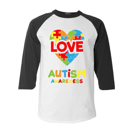 Shop4Ever Men s Love Puzzle Heart Autism Awareness Raglan Baseball Shirt XX-LargeWhite/Black