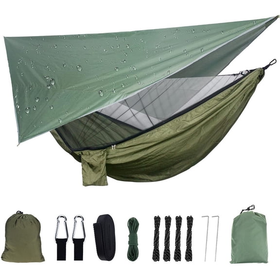Camping Hammock with Rain Fly Tarp and Mosquito Net Tent Tree Straps, Ropes, Hooks, Stakes for Backpacking Hiking Travel Yard Outdoor Activities Green