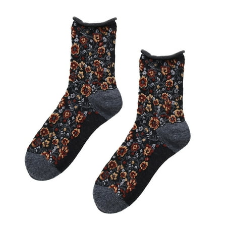 

BOTANY Harajuku Flower Silk Calf Mid Length Socks Adult Pile Heap Socks (Black)