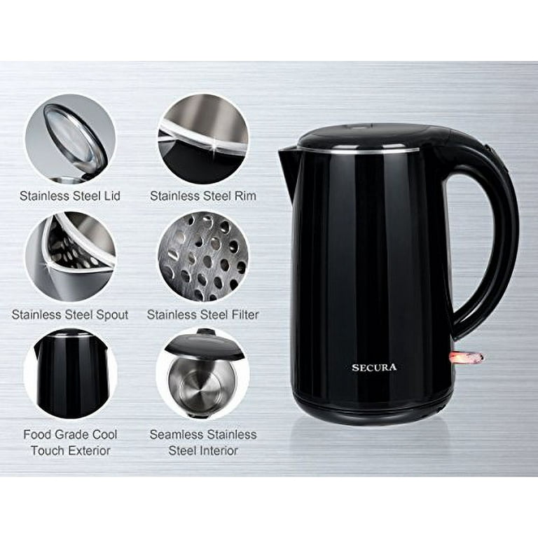 Secura Stainless Steel Double Wall Electric Kettle Water Heater for Tea  Coffee w/Auto Shut-Off and Boil-Dry Protection, 1.0L (Black) - The Secura