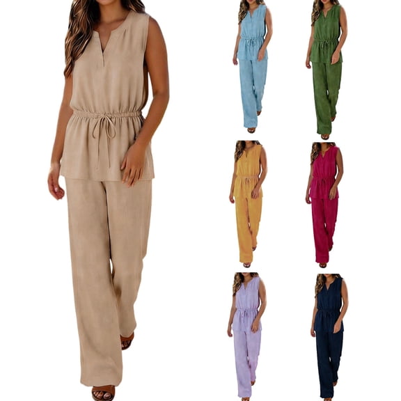 Miluxas Women's 2 Piece Outfits V Neck Sleeveless Drawstring Waist Tunic Tops and Wide Leg Pants Spring Summer Casual Outfits Yellow