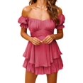 thumbnail image 3 of Vestido con vuelo y hombros descubiertos, mameluco con cuello cuadrado y manga abullonada con pantalones cortos, 3 of 5