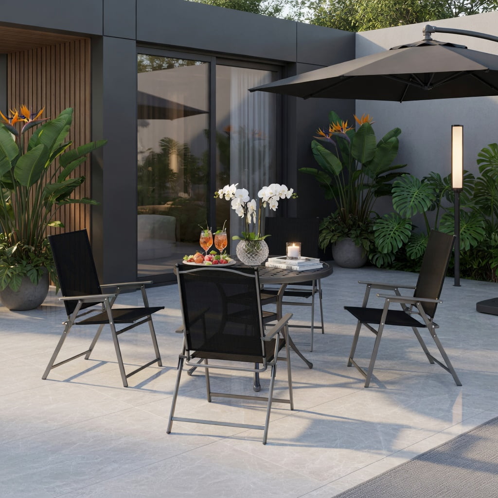 Hommoo 4-Pack Folding Patio Chairs with Rust-Resistant Metal Frame, Heavy-Duty Outdoor Chairs, Space-Saving Foldable Design for Backyard, Deck & Camping, Black