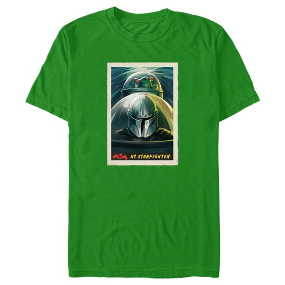 Men's Star Wars: The Mandalorian N1 Starfighter Grogu and Mando Poster Graphic Tee Kelly Green 3X Large