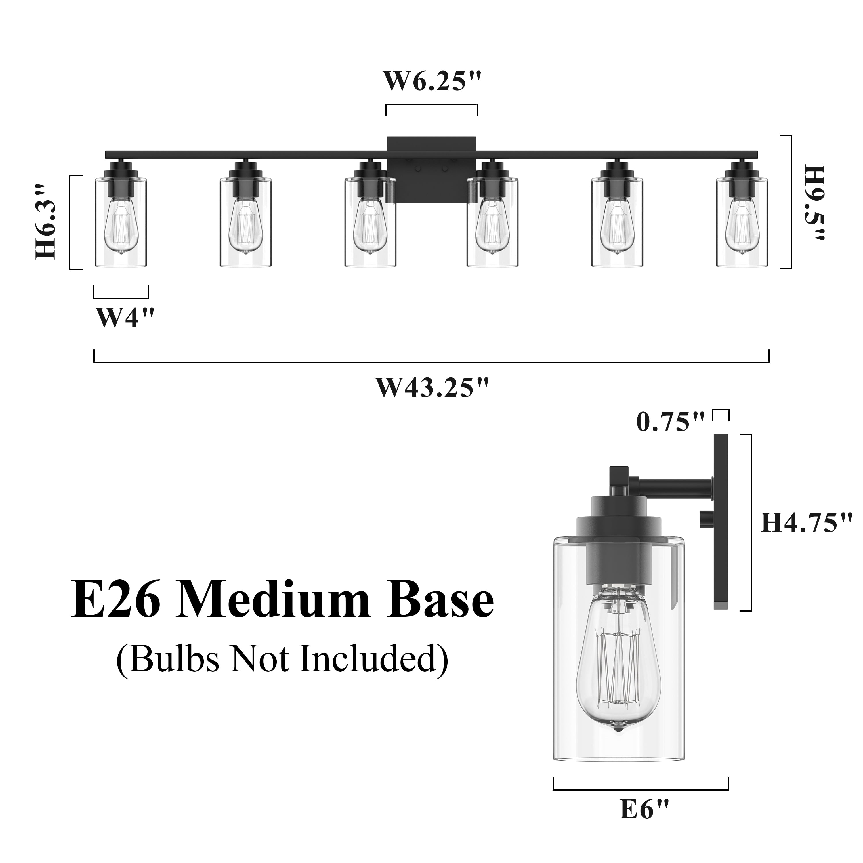 KAWOTI 6-Light Dimmable Vanity Light with Clear Glass Shade, Black Modern Bathroom Vanity Light Fixtures