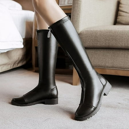 

ERTUTUYI Fashionable Autumn And Winter Women Medium Boots Thick Heel Low Heels Solid Color Black Front Zipper Comfortable And Casual Black 37