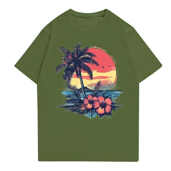 NAMTYQX Blouses for Women Crewneck Hawaii Tropical Graphic Casual Cute Short Sleeve Stretchy Loose Fit Plus Size Army Green Size 3XL