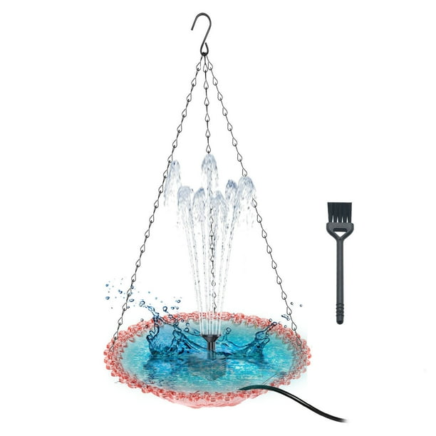2025 Outdoor Garden Floating Birdbath & Hanging Feeder | Solar USB Powered | Water Spraying Feature 4 Nozzles | 18in x 9.25in | Durable Plastic Metal | Portable Patio Decor