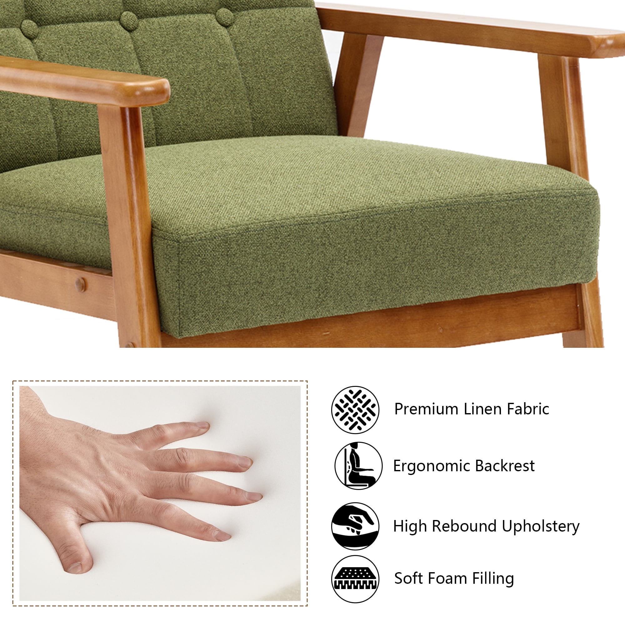 Miniyam Mid Century Modern Accent Chair with Wood Frame,Linen Fabric Single Reading Chair,Armchair for Living Room Bedroom Home Belcony Office,Green