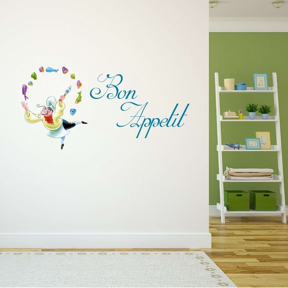 Bon Appétit Super Chef Cercle de Nourriture Cuisine Cuisinier Chef Gourmet Bon Viveur Nourriture Fantaisie Vin Pâtisserie Beignes Crêpes Cadeau des Fêtes Idées de Décoration Chambre Autocollant Mural Autocollant - Taille : 10 Po X 5 Po