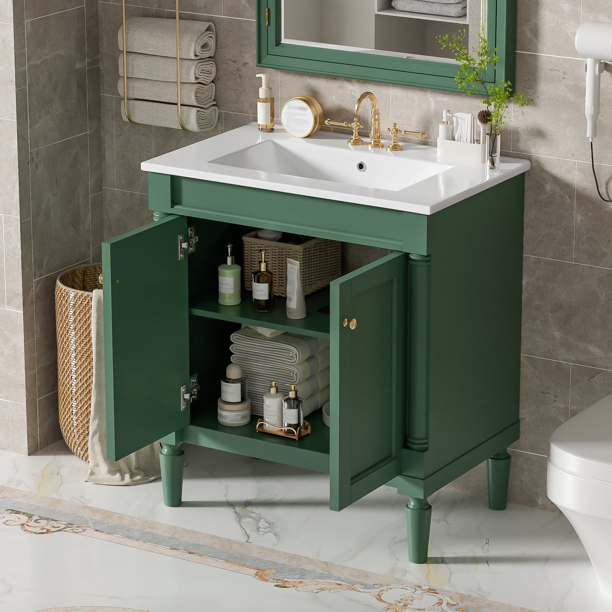 Euroco 30" Luxurious Bathroom Vanity Cabinet with Ceramic Sink Basin, 30-Inch, Storage Cabinet with Soft Close Doors and Solid Wood Legs